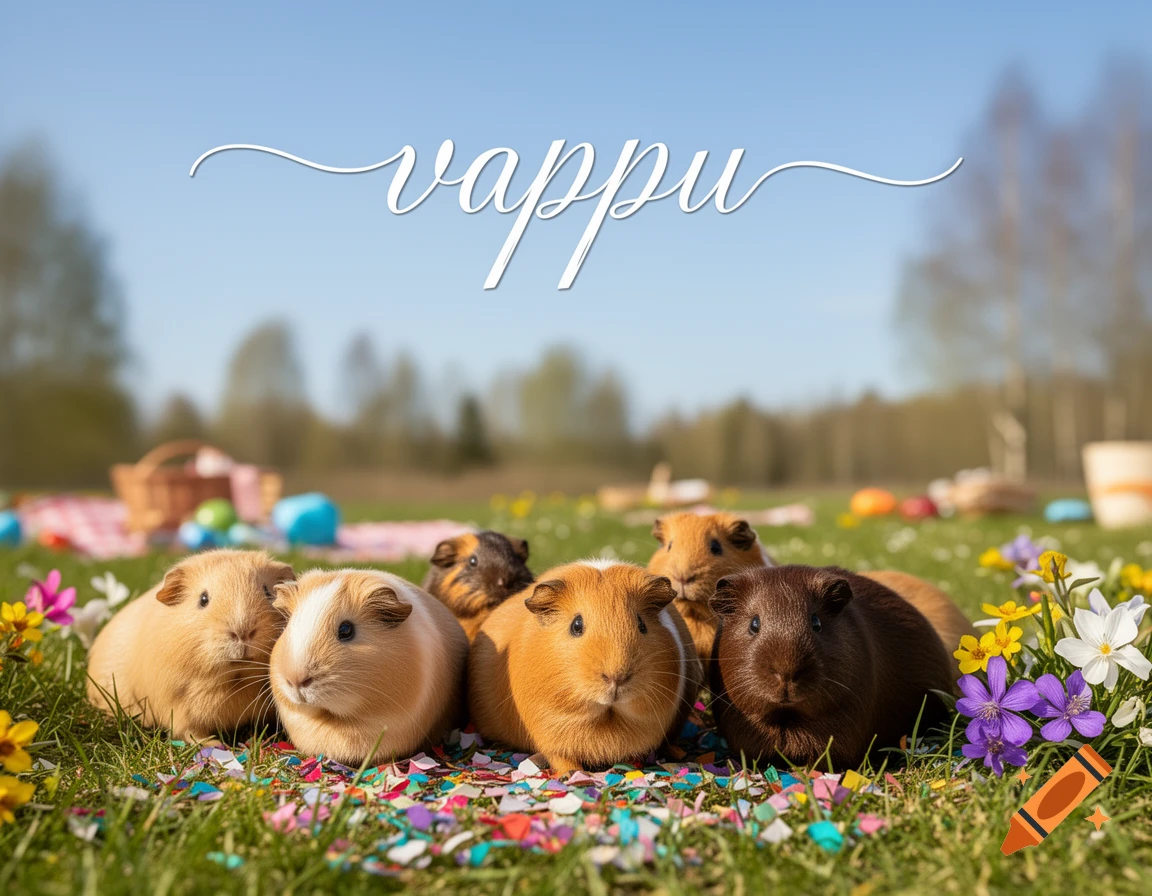 Several guinea pigs sit on grass with confetti and flowers in a sunny field with a picnic backdrop, with 'vappu' text above.