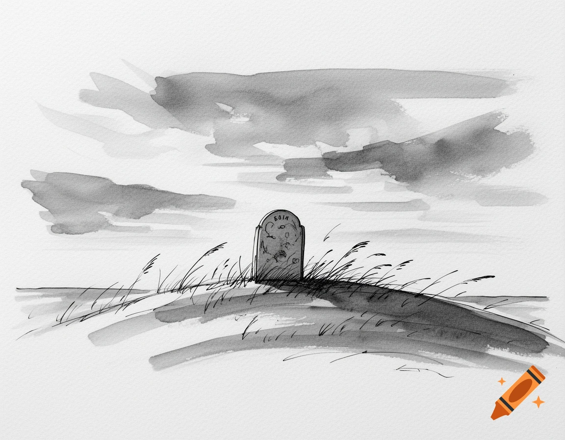 A grayscale ink sketch of a tombstone on a grassy hill under a cloudy sky.