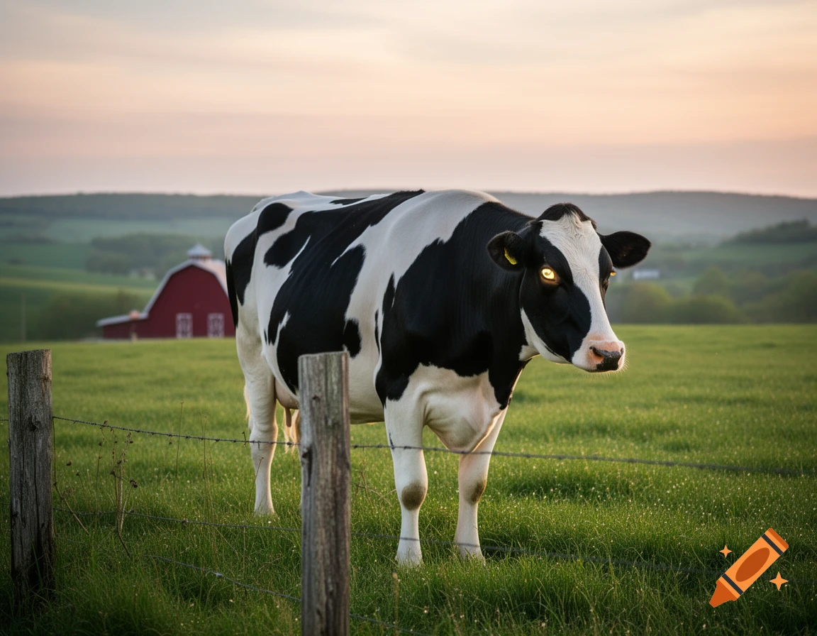 A black and white cow with luminous eyes stands in a green field behind a barbed wire fence, with a red barn in the background at sunset.