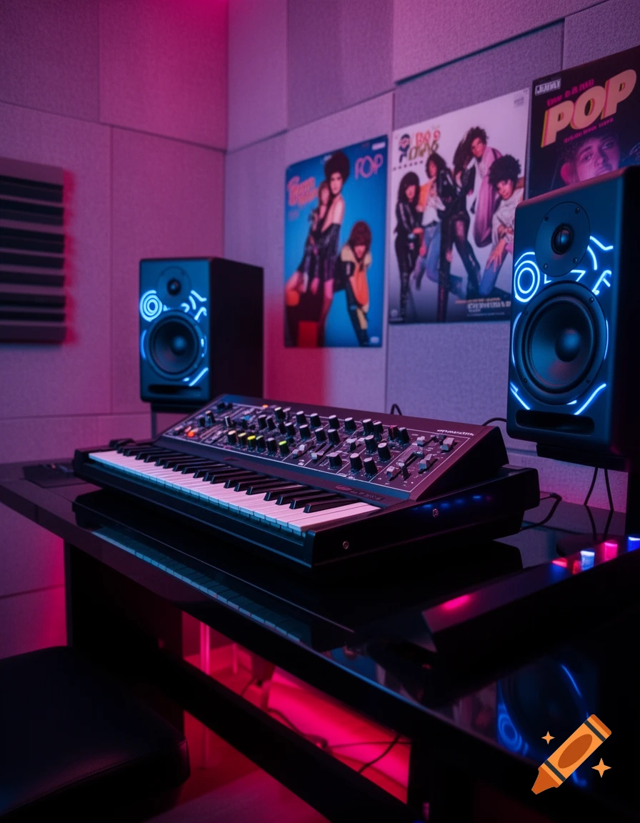 A dimly lit music studio with a synthesizer, speakers, and pop music posters, bathed in neon pink and blue light.