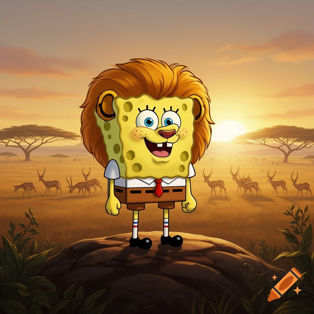 Cartoon SpongeBob with a lion's mane stands on a rock in a savanna at sunset, with antelopes in the background.