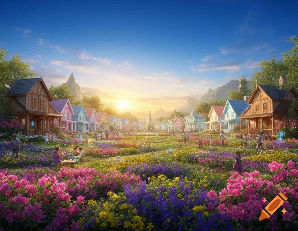 A vibrant utopian village scene at sunset, with diverse people in a flower-filled meadow surrounded by charming houses and mountains.