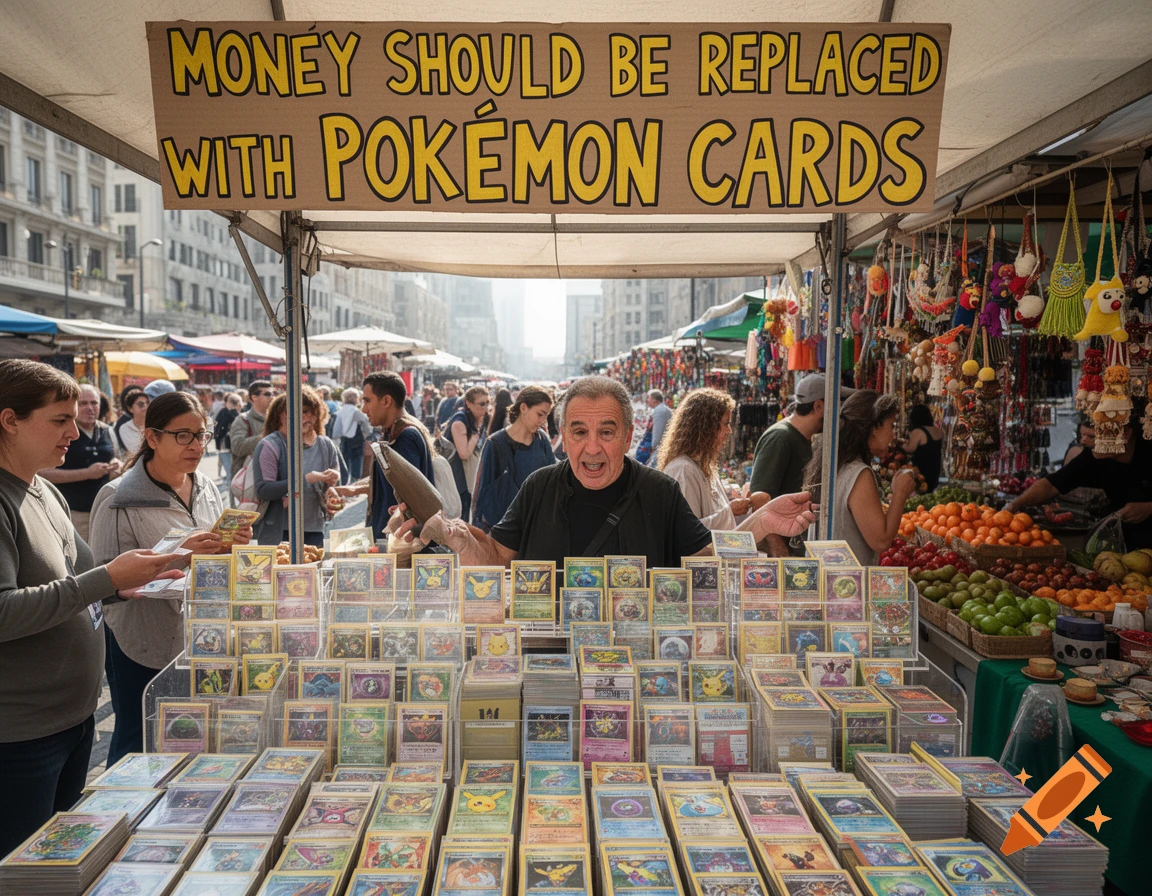 Man at a street market stall selling Pokemon cards, with a sign saying 'MONEY SHOULD BE REPLACED WITH POKÉMON CARDS'.