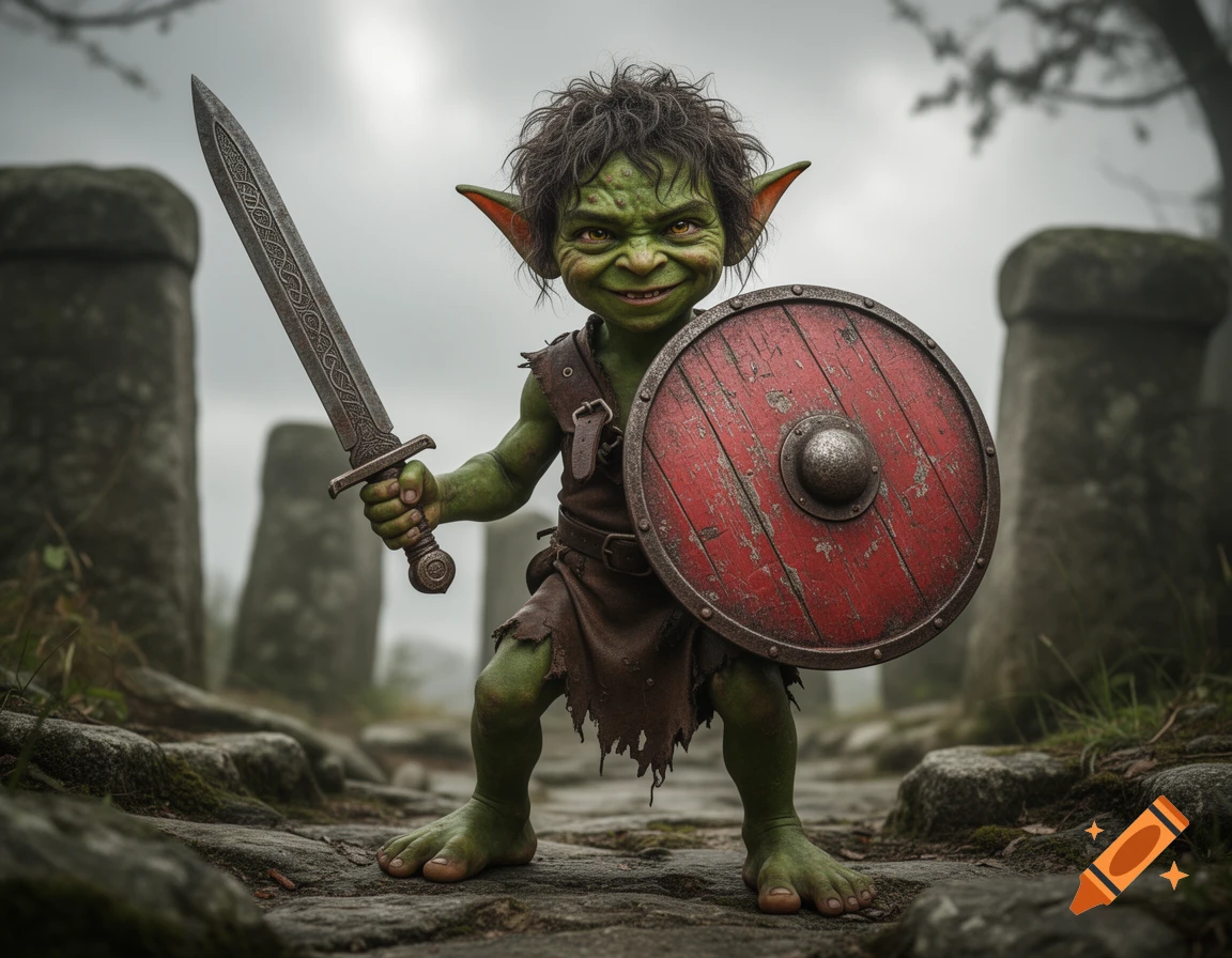 A detailed photorealistic image of a green-skinned goblin holding a sword and a red shield, standing on a stone path.