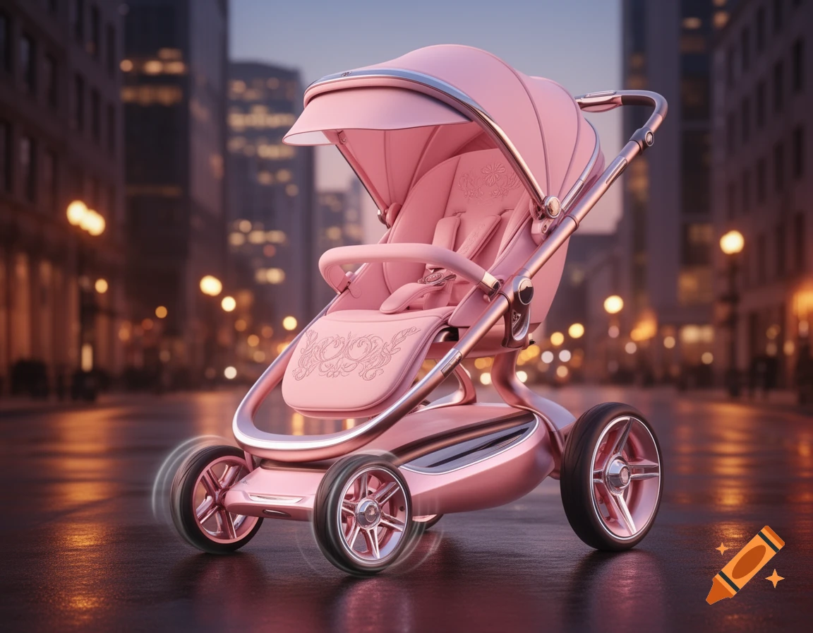 Shiny pink 3D baby stroller with chrome accents on a wet city street at dusk, with blurred buildings and streetlights.