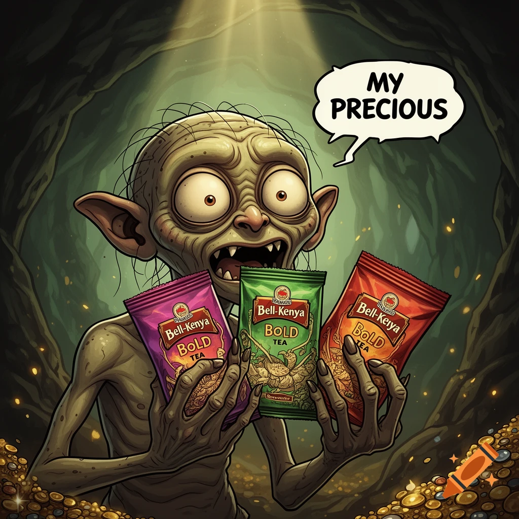 Cartoon Gollum-like creature with a greedy expression holds three colorful 'Bell-Kenya Bold' tea packets, saying 'MY PRECIOUS', surrounded by gold coins.