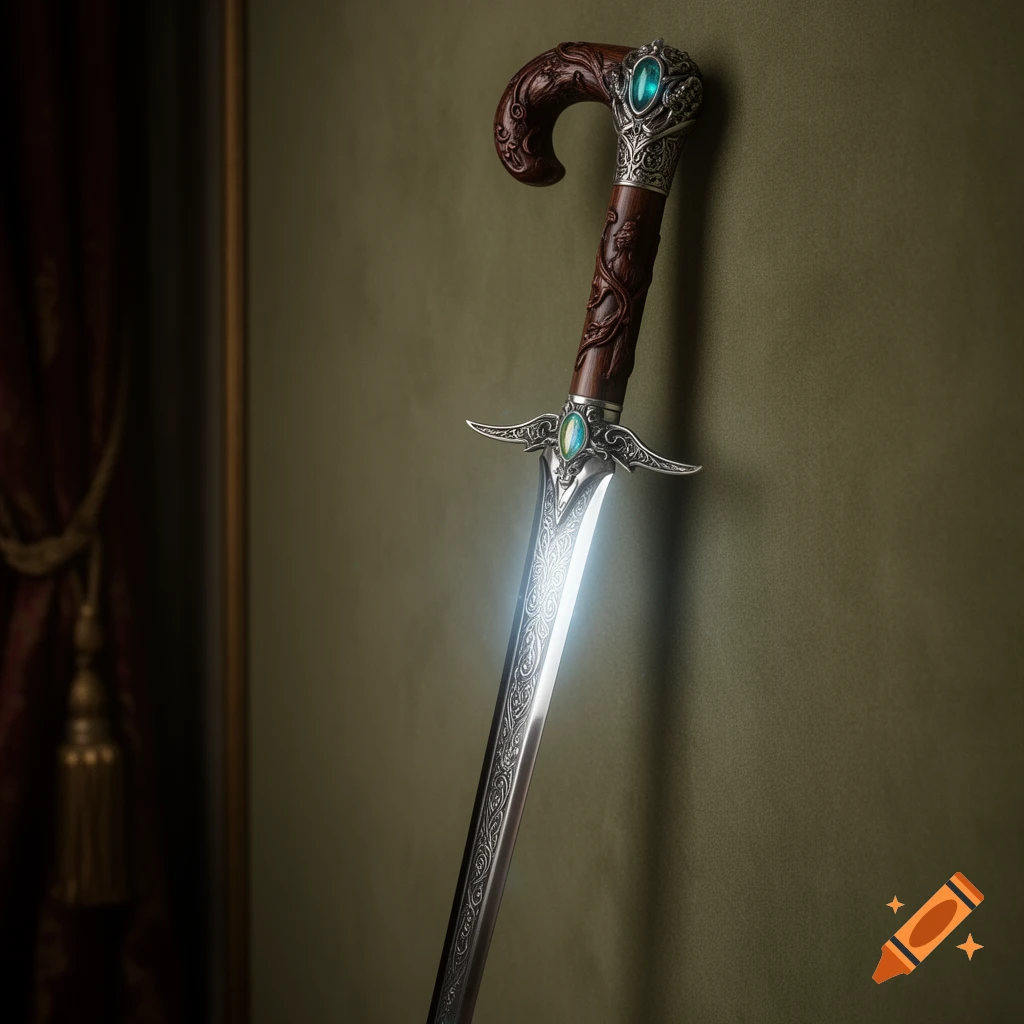 An ornate fantasy cane sword with a carved wooden handle, silver accents, and green gems, featuring a glowing blade, leaning against a dark green wall.