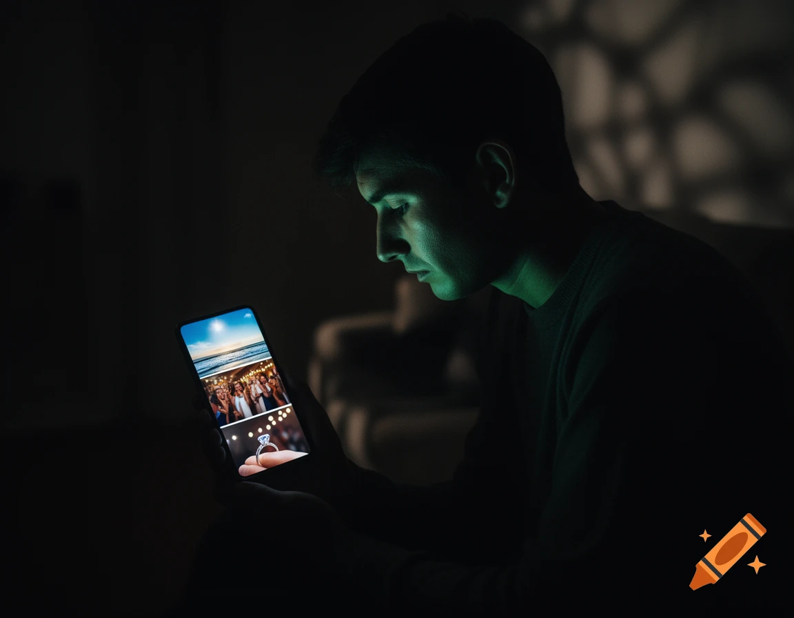 A man in a dark room views a phone screen casting a green glow on his face, showing images of a beach, a party, and an engagement ring.