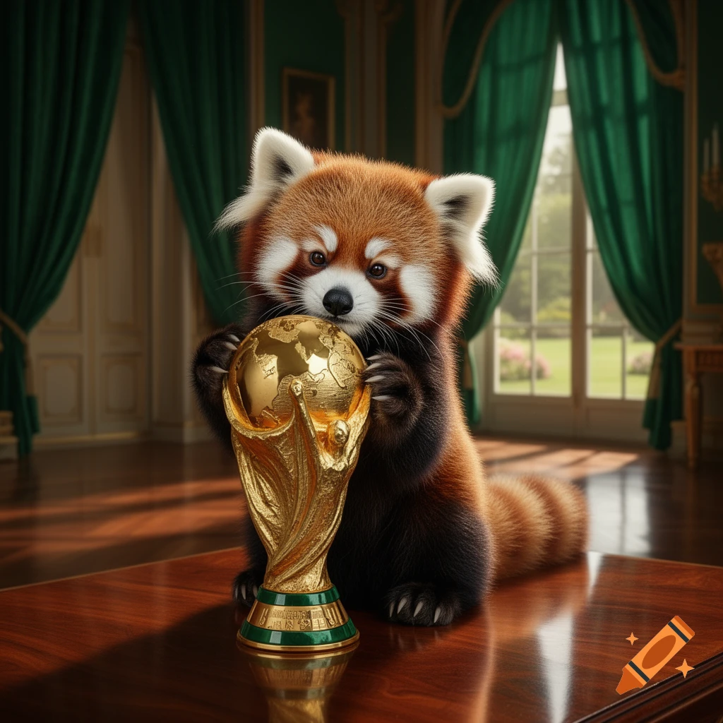 A cute red panda sits on a wooden table, holding a golden World Cup trophy in a luxurious room.