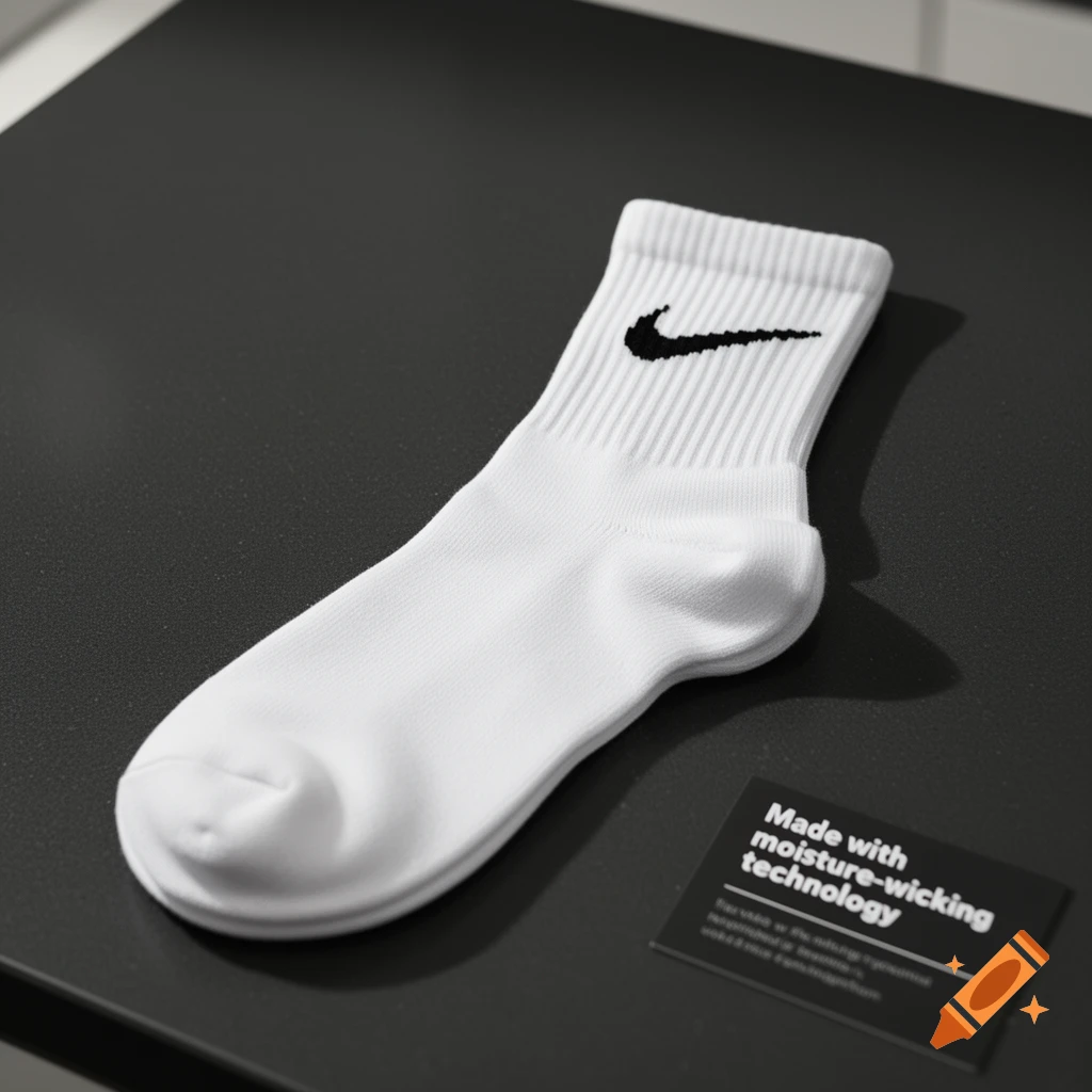 A single white Nike crew sock with a black swoosh logo lies on a dark gray surface next to a black card.