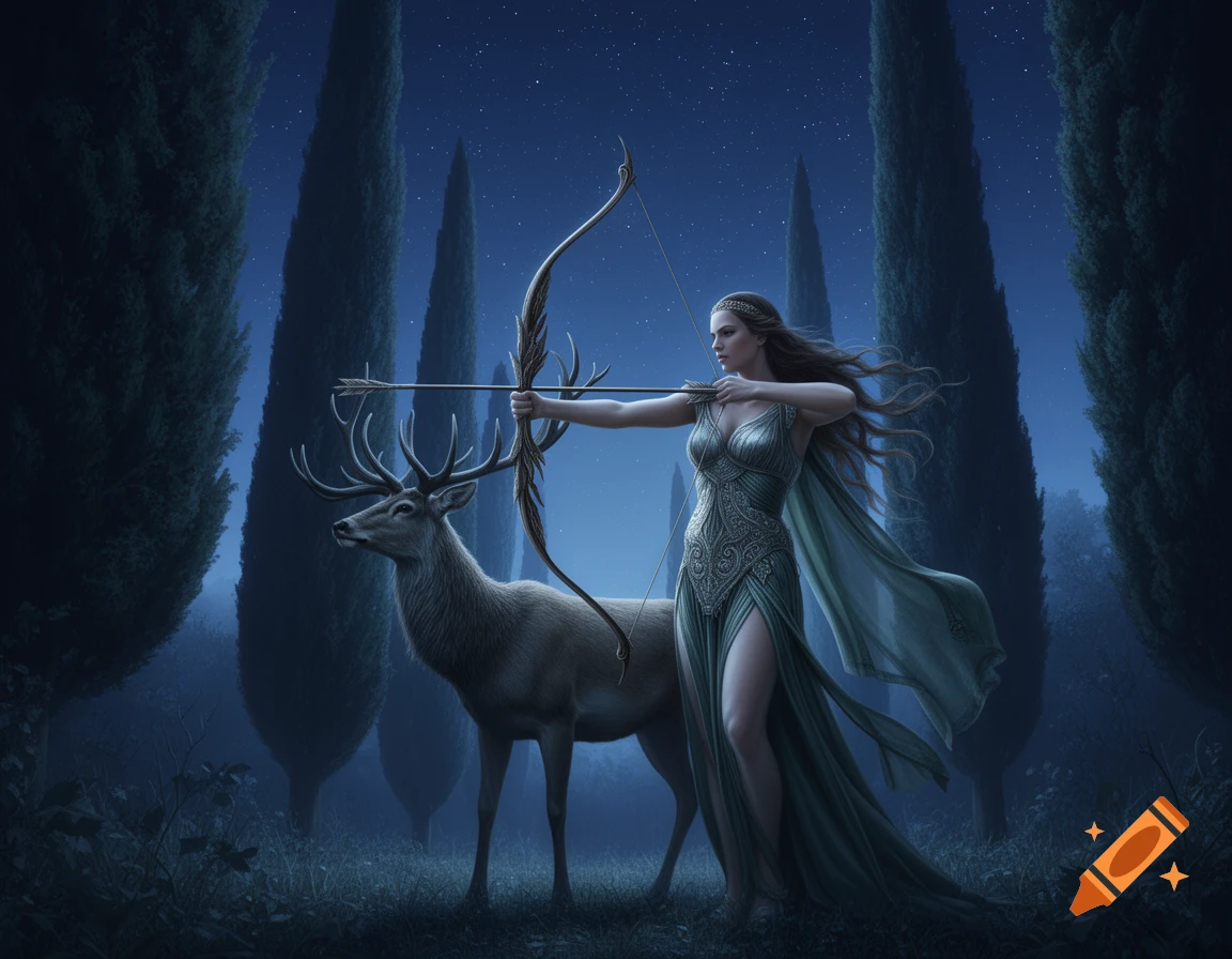 A goddess-like archer in a flowing dress holds a bow and arrow next to a deer in a moonlit cypress forest at night.