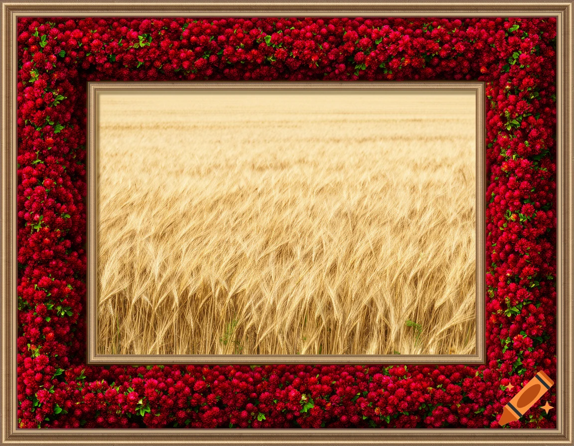 Golden wheat field framed by vibrant red clover flowers and an ornate outer frame.