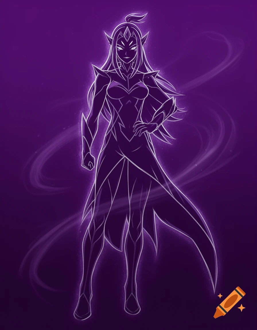 A glowing purple outline of a female fantasy character with long hair and pointed ears against a dark purple background, with wispy lines.