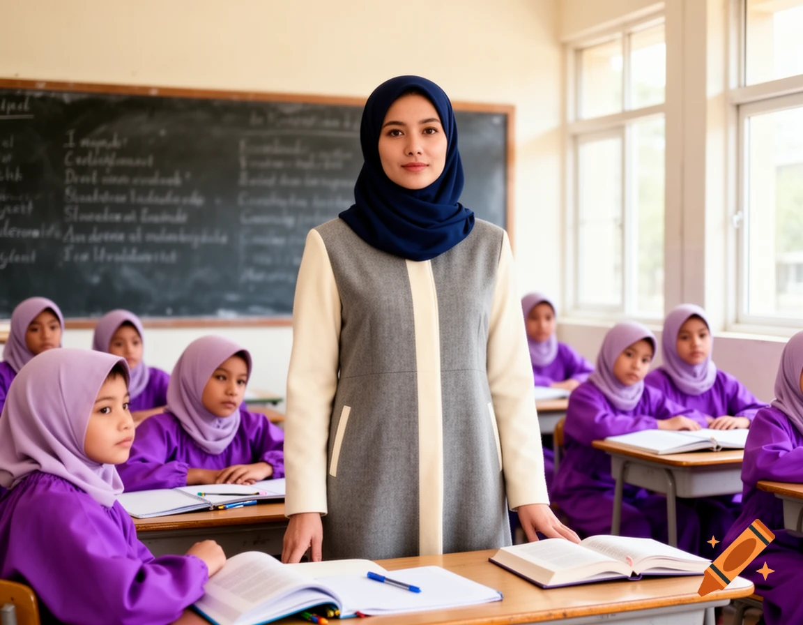 A female teacher in a dark blue hijab and gray and cream dress stands in a classroom with students in purple hijabs.