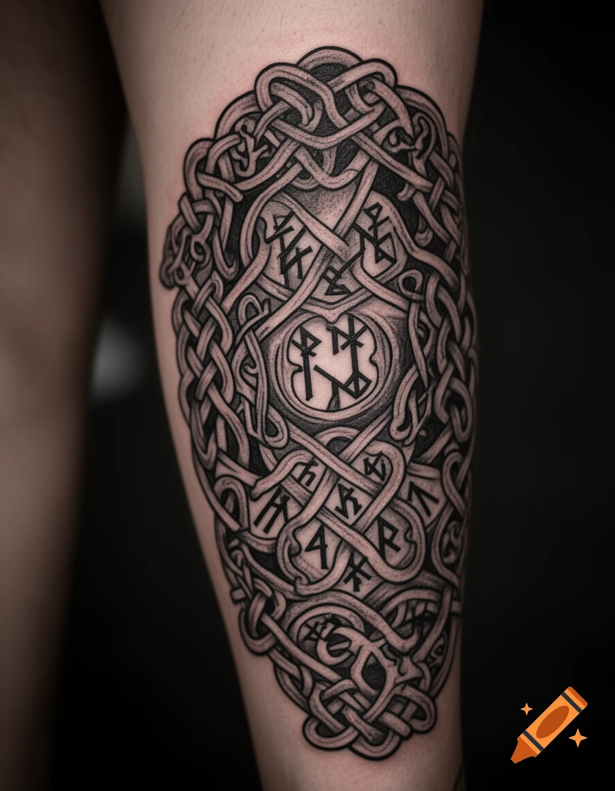 Viking-style leg tattoo featuring intricate Celtic knot patterns and various runic symbols in black ink.