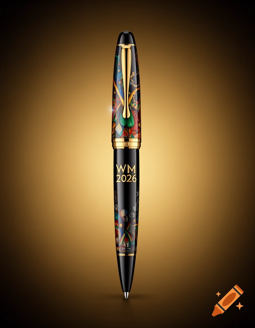 A black and gold pen with colorful, intricate patterns on its barrel, displaying 'WM 2026' in gold text, against a warm golden gradient background.