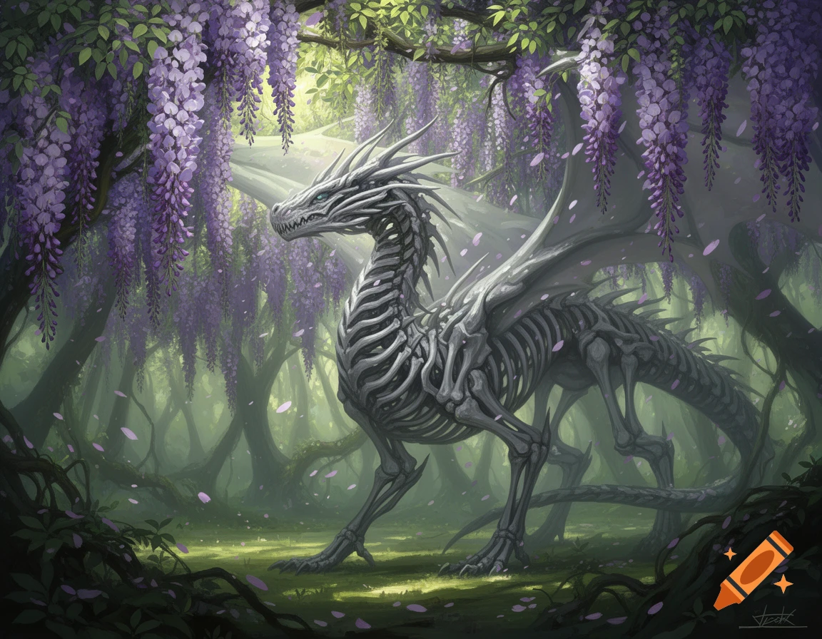 A skeletal dragon stands in a mystical forest with purple wisteria flowers hanging from trees and falling petals.
