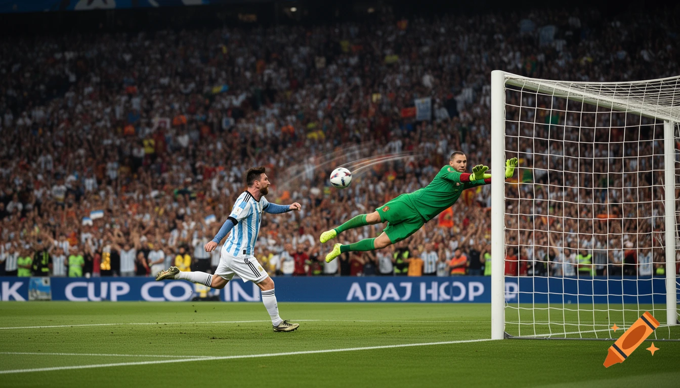 Lionel Messi in an Argentina jersey takes a powerful shot on goal as a Portugal goalkeeper dives in vain in a packed stadium.