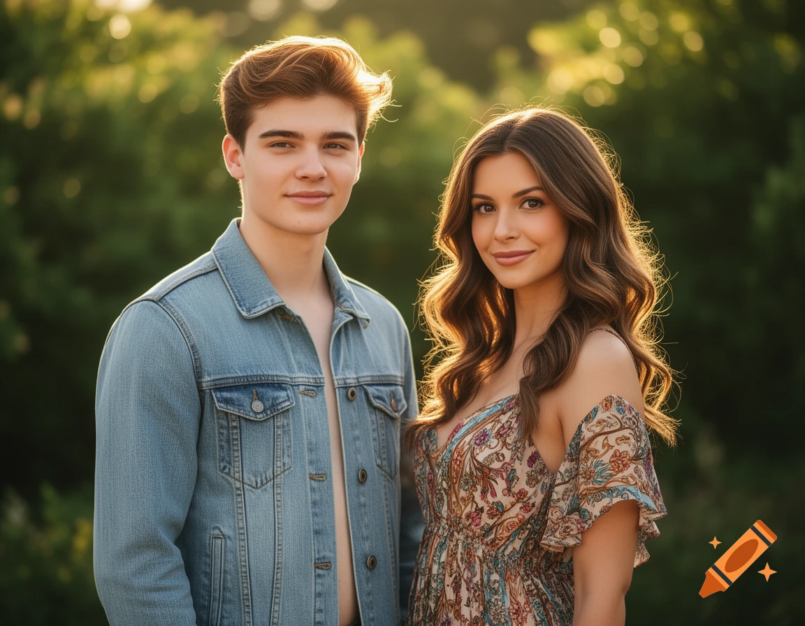 A young man in a denim jacket and a young woman in a floral off-shoulder dress stand outdoors in golden light.