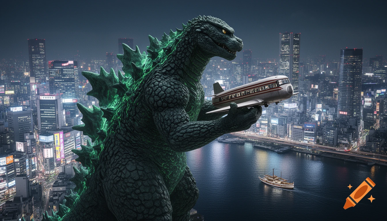 Giant Godzilla stands over a nocturnal Tokyo cityscape, holding a small passenger airplane in its hands as a boat sails on the river below.