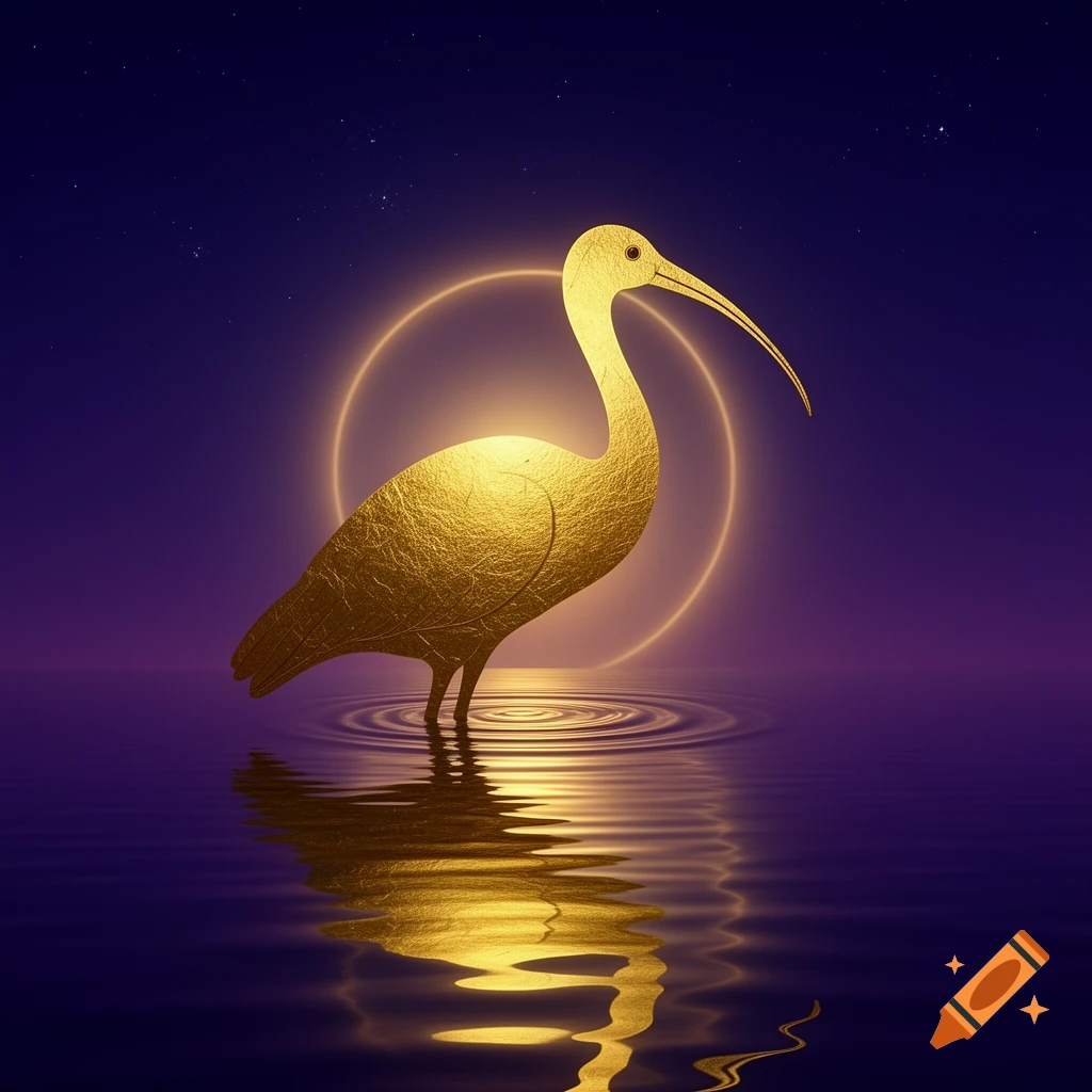 A golden ibis bird stands in water under a dark blue and purple night sky with stars, illuminated by a glowing halo.
