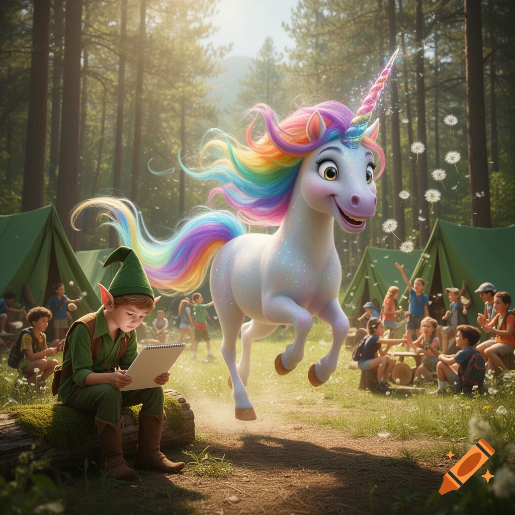 A vibrant, cartoonish unicorn with a rainbow mane prances through a sunny forest summer camp while an elf-like boy draws on a log.