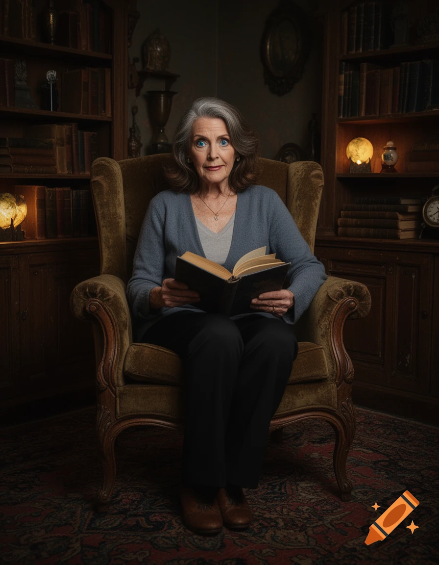 An elderly woman with gray hair and wide blue eyes sits in an armchair, reading a book in a dimly lit library.