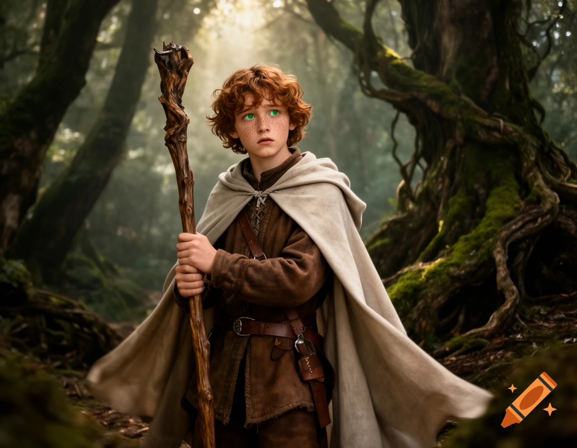 Photorealistic portrait of a young male mage with red curly hair, green eyes, freckles, holding a staff in a mystical forest.