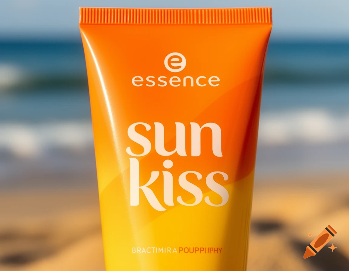 An orange and yellow tube of Essence Sun Kiss sunscreen on a sandy beach with the ocean in the background.