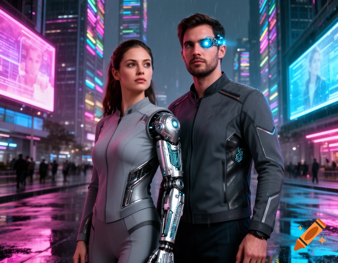 A man and woman with robotic parts stand in a neon-lit futuristic city with wet streets.