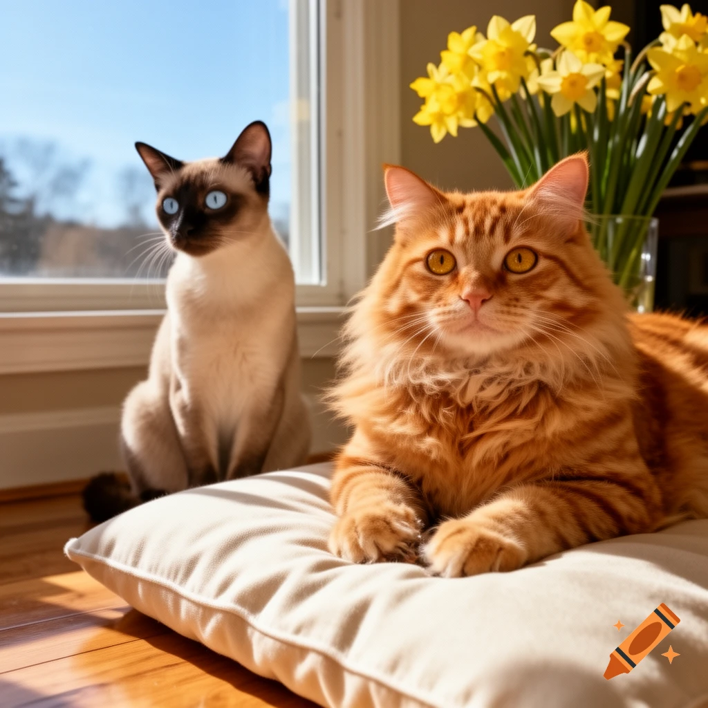 A Siamese cat and a fluffy ginger cat sit in a sunny room by a window, with daffodils in a vase.