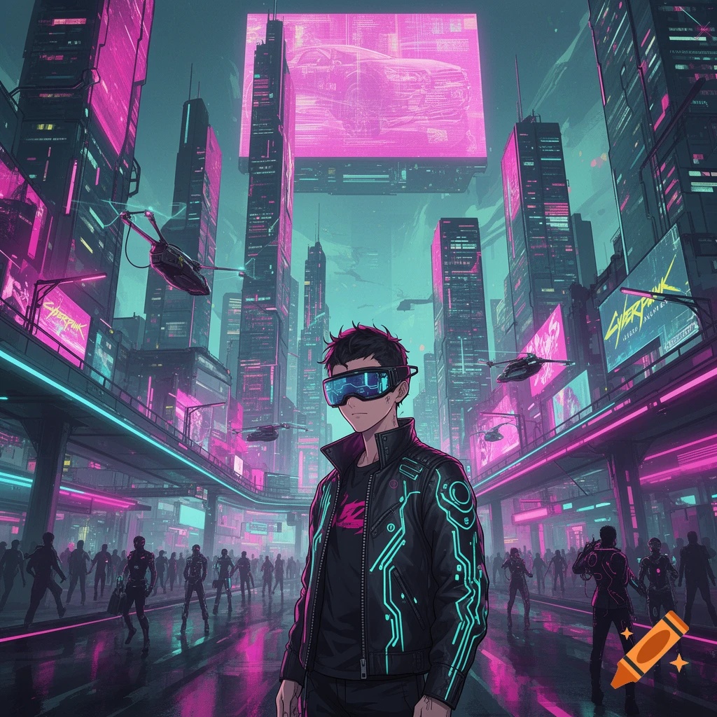 A male anime character in VR goggles and a circuit-patterned jacket stands in a neon-lit cyberpunk city at night.
