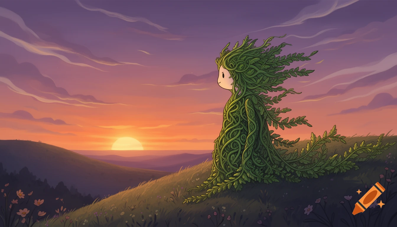 A cartoon character resembling Fern from Adventure Time, made of green leaves, sits on a grassy hill, gazing at a vibrant orange and purple sunset over rolling hills.