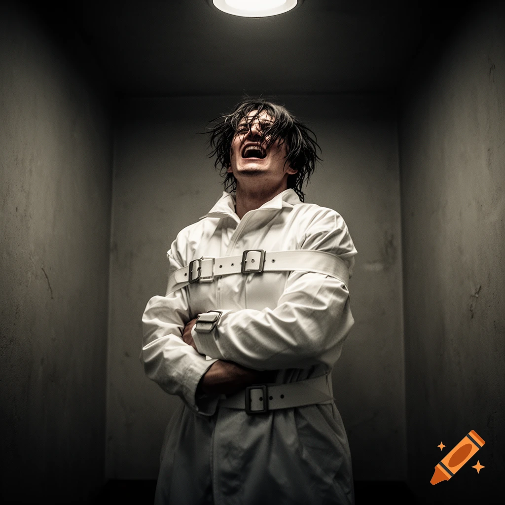A man in a white straitjacket screams with his head tilted back in a dimly lit, bare room with a single overhead light.