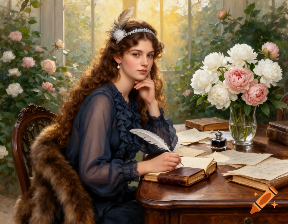 Impressionistic oil painting of a young woman with curly hair, in a blue dress, writing with a quill at a wooden desk with peonies in a winter garden.