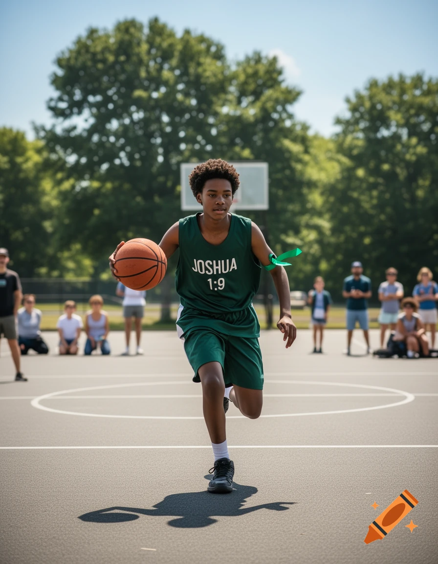 A young boy in a green jersey with "JOSHUA 1:9" dribbles a basketball on an outdoor court with blurred people in the background.