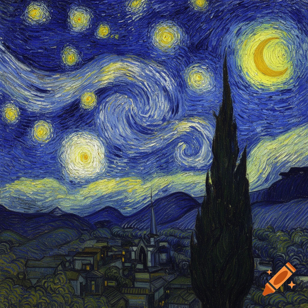 A vibrant, impasto painting in the style of Van Gogh's Starry Night, showing a dark cypress tree against a swirling blue night sky with bright yellow stars and a crescent moon, overlooking a village with a church spire.