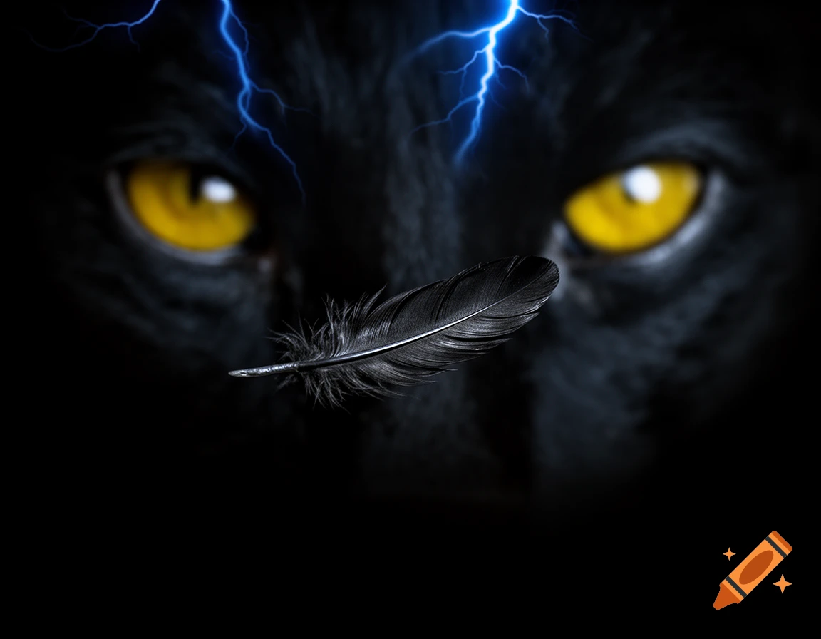 Close-up of glowing yellow eyes of a black creature in darkness, with blue lightning above and a black feather floating in front.