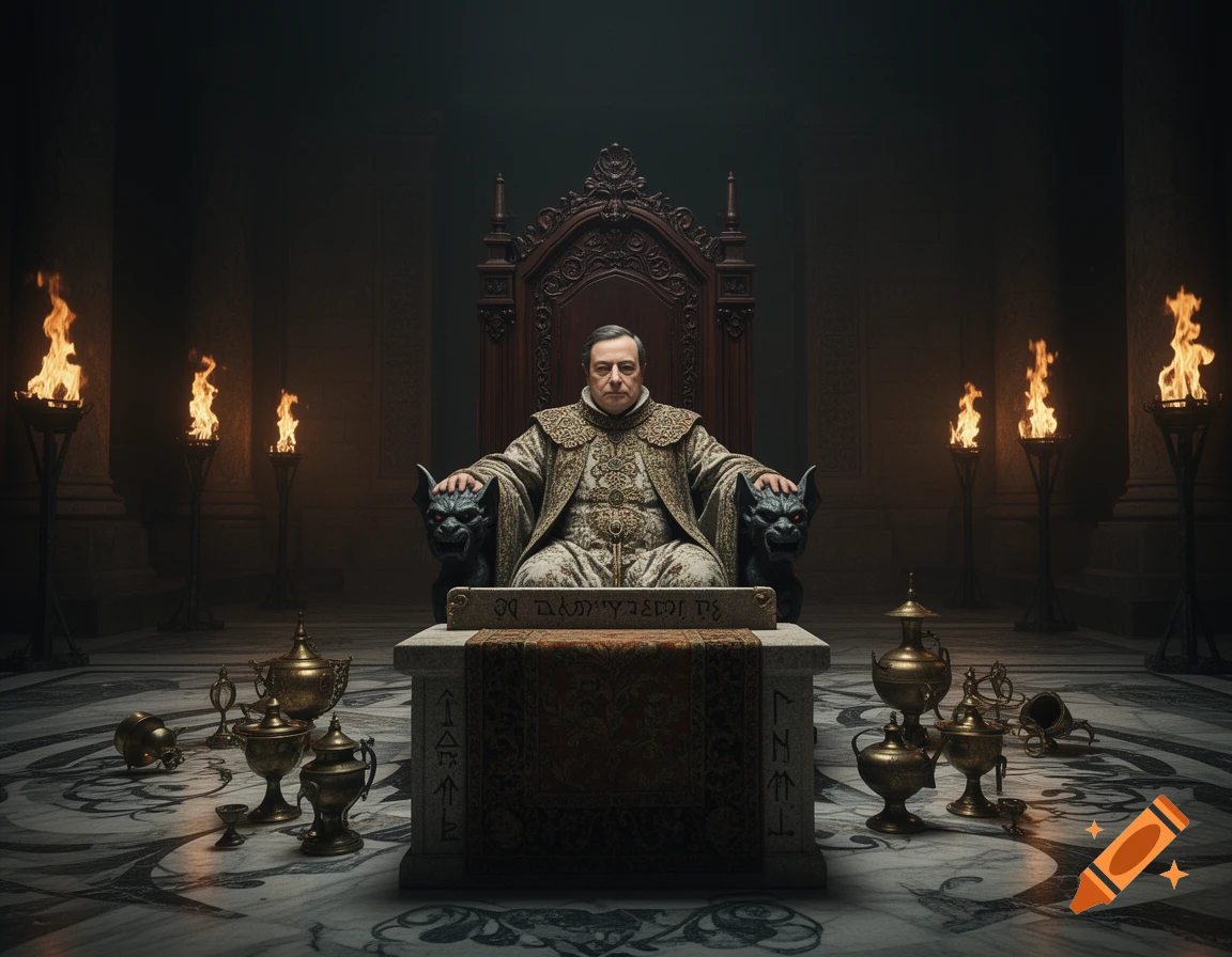 A man resembling Mario Draghi in ornate robes sits on a throne flanked by gargoyles, in a dark, torch-lit chamber with ancient artifacts and illegible inscriptions.