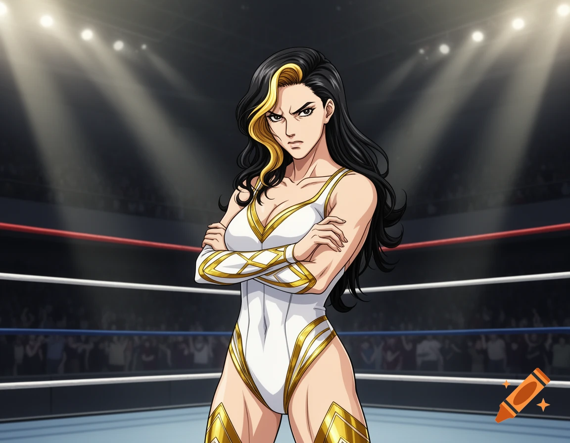 Anime style female wrestler in a white and gold leotard, with black and blonde hair, standing with crossed arms in a wrestling ring.