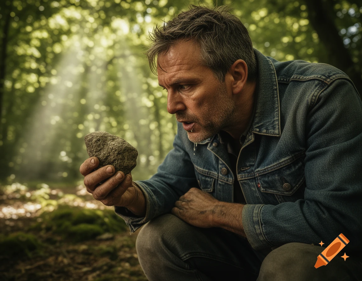 Man in a denim jacket crouching in a forest, intently examining a rock in his hand with sunlight filtering through trees.