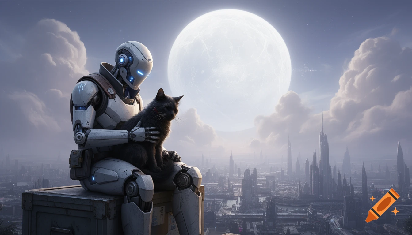 A white robot sits on a crate, gently petting a black cat in its lap, overlooking a futuristic city under a giant white moon.