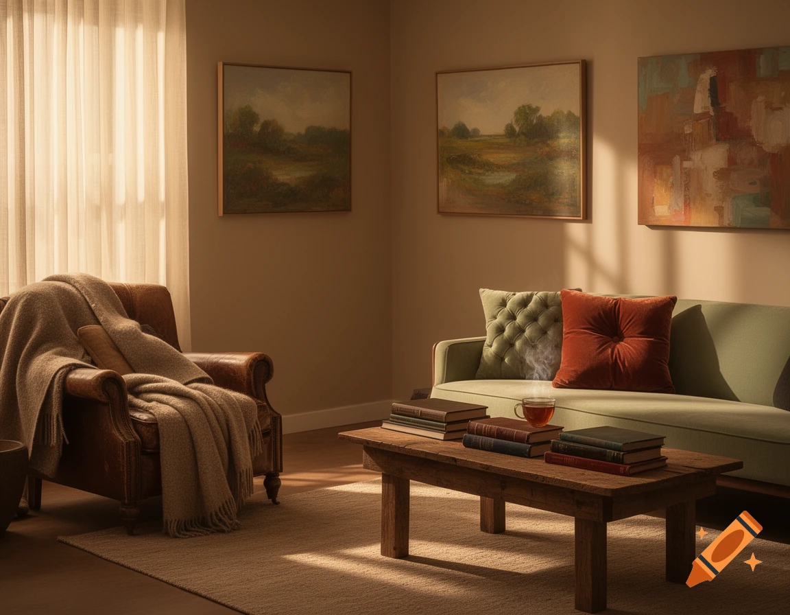A cozy living room with a leather armchair, a green sofa, a coffee table with books, and art on the walls, bathed in warm sunlight.