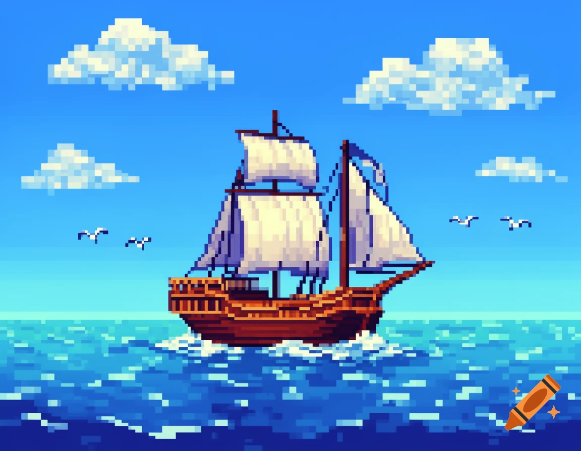 An 8-bit pixel art sailboat with white sails navigates a blue pixelated ocean under a cloudy sky.