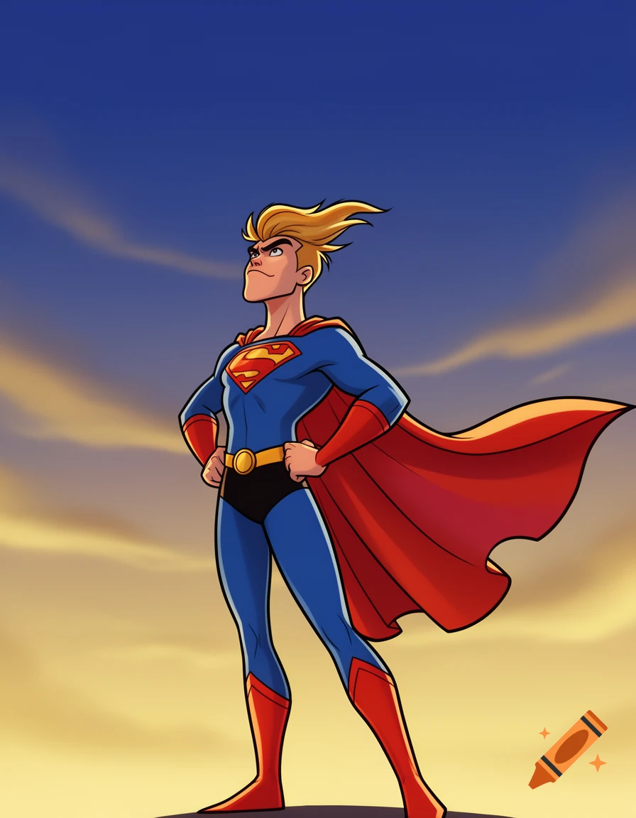 Cartoon male superhero with blonde hair, blue and red suit, and red cape, standing confidently against a sunset sky.