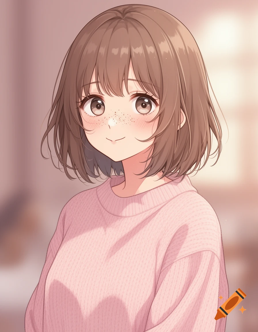 Anime portrait of a cute girl with a milk tea brown bob, freckles, blushing cheeks, and a pastel pink knit sweater.