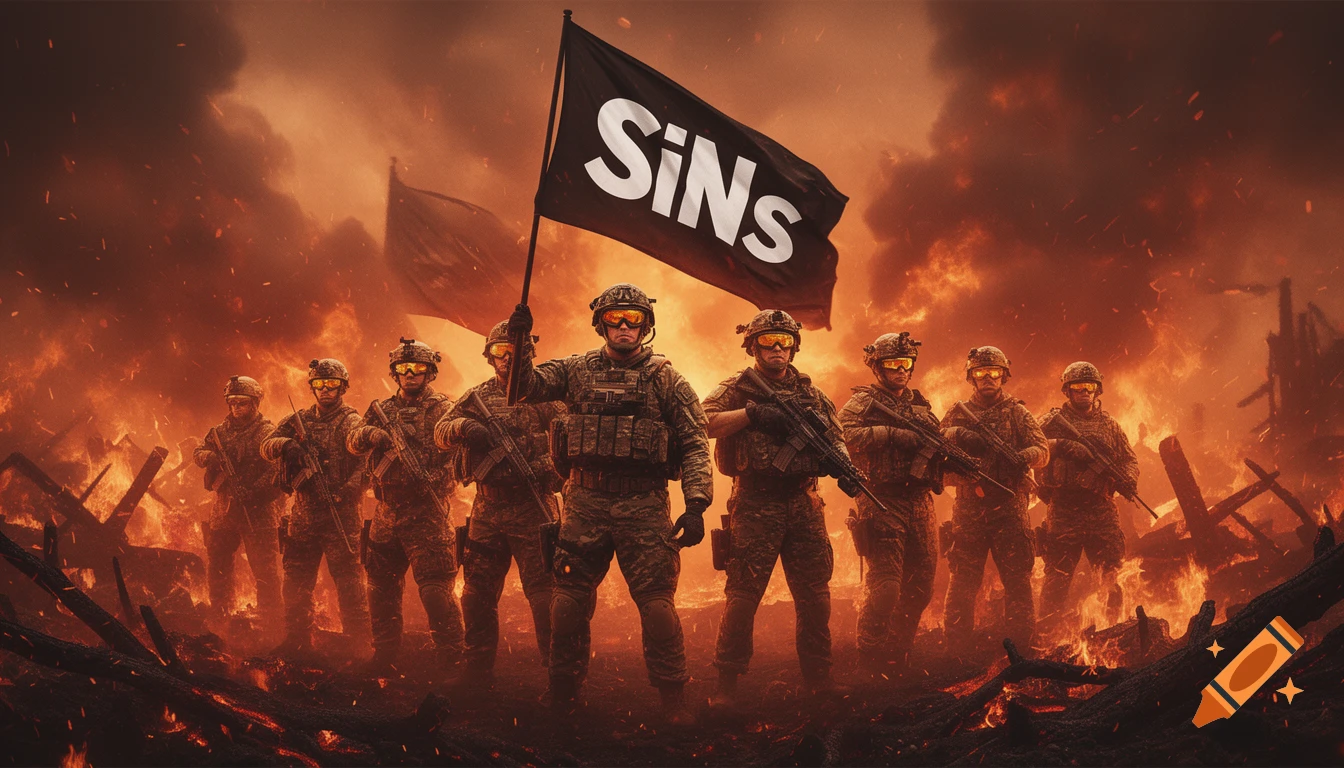 Special forces soldiers stand in a burning, apocalyptic landscape, one holding a black flag with "SiNs" written in white.