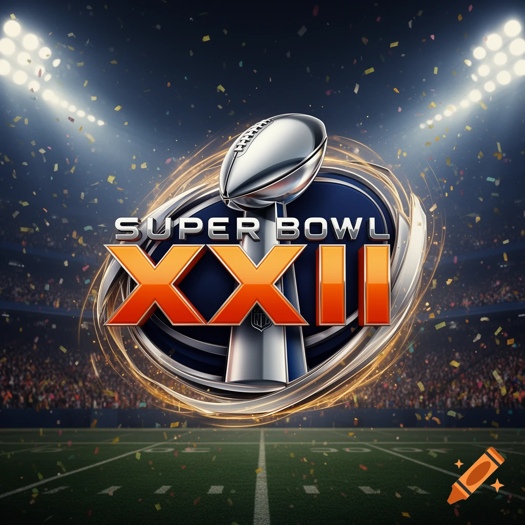 A metallic Super Bowl XXII logo featuring a football trophy, set against a stadium background with bright lights and confetti.