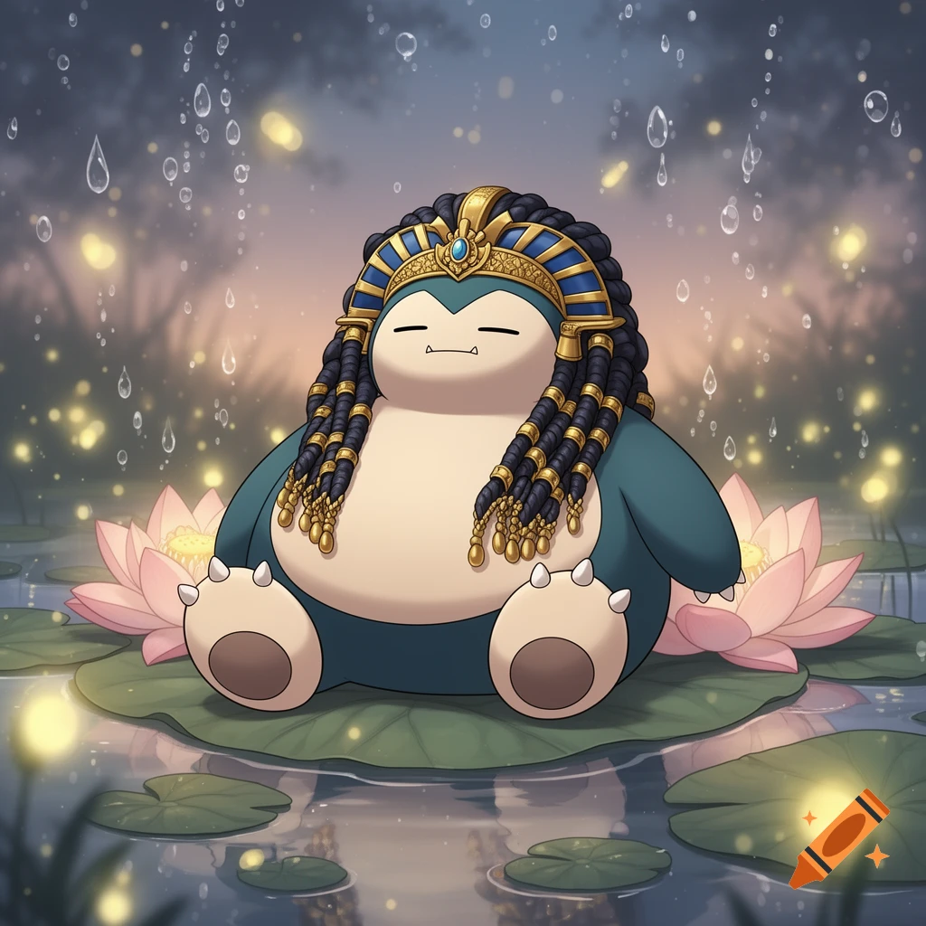A cartoon Snorlax wearing a gold and blue Cleopatra-style headdress with braids, sitting on a lily pad with pink lotus flowers in a pond with water drops falling.