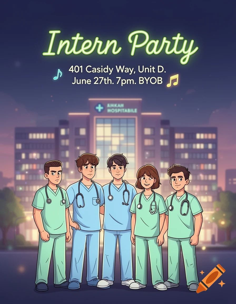 Cartoon flyer for an "Intern Party" with five medical interns in scrubs and stethoscopes standing in front of a hospital building at dusk.